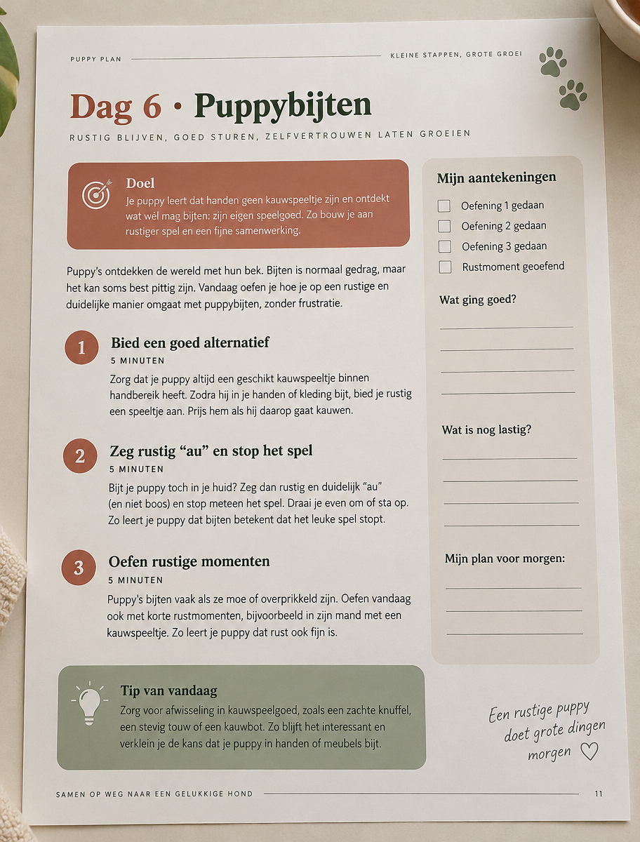 Voorbeeld van dagles 6 over puppybijten uit de Puppy Perfect Gids, met doel, drie oefenstappen, tip en notitieruimte